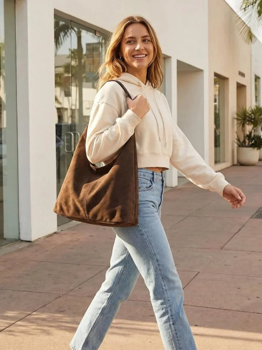 Slouchy Suede Hobo bag for Women Casual Shoulder Bag Soft Cresent Tote Purse Han